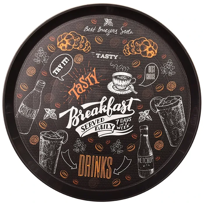 سینی ملامین مهروز مدل S-6005-52 با طرح مدرن Drinks، ساخته‌شده از پلاستیک مقاوم و سبک، مناسب برای پذیرایی در منزل و محیط‌های کاری